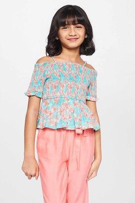 floral cotton square neck girls top - green