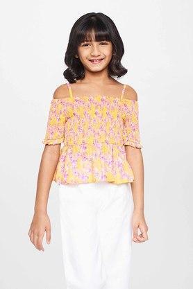 floral cotton square neck girls top - yellow