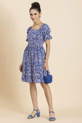 floral cotton square neck women's mini dress - blue