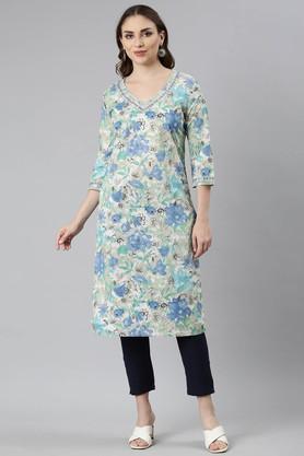 floral cotton v-neck women's casual wear kurta - blue