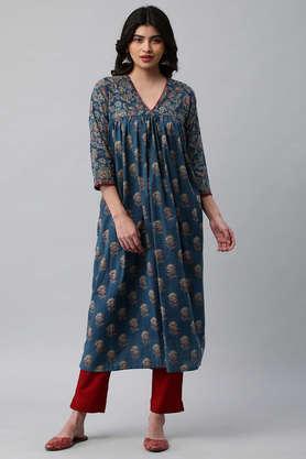 floral cotton v-neck women's casual wear kurta - blue