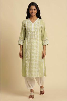 floral cotton v-neck women's casual wear kurta - green