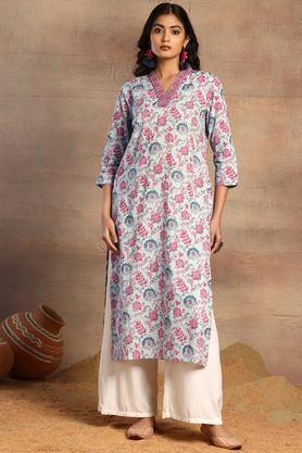 floral cotton v-neck women's casual wear kurta - grey