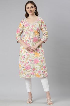 floral cotton v-neck women's casual wear kurta - pink