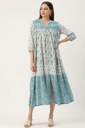 floral cotton v neck women's ethnic dress - blue