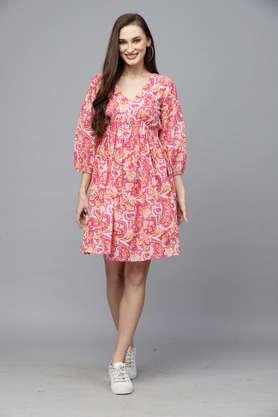 floral cotton v neck women's ethnic dress - pink