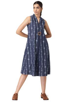 floral cotton v neck women's knee length dress - navy