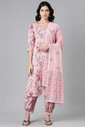 floral cotton v-neck women's kurta pant dupatta set - pink
