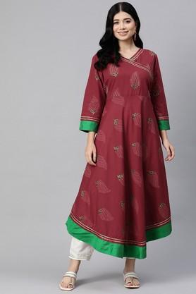 floral cotton v-neck women's kurti - maroon