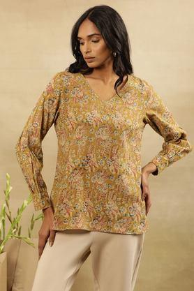 floral cotton v-neck women's top - yellow