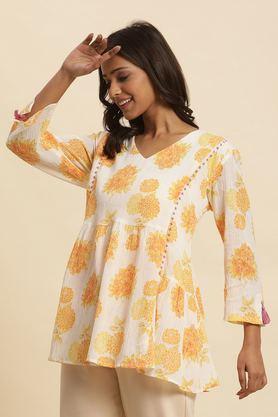 floral cotton v-neck women's top - yellow
