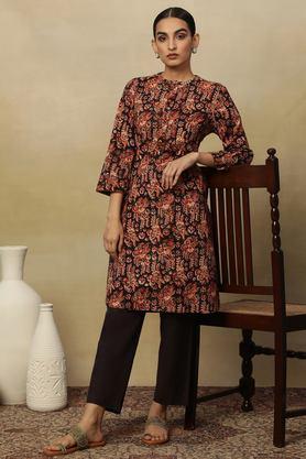 floral cotton women's casual wear kurta - black