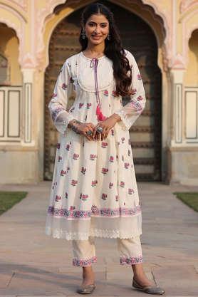 floral cotton woven women's kurta pant set - off white