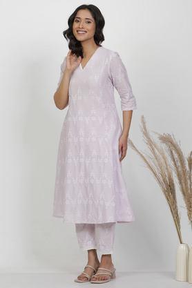 floral cotton woven women's kurta set - purple