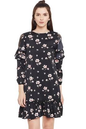 floral crepe boat neck women's knee length dress - black