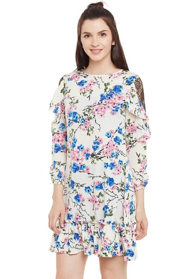 floral crepe boat neck womens knee length dress