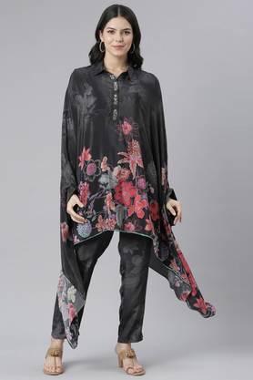 floral crepe collared women's kurta - black