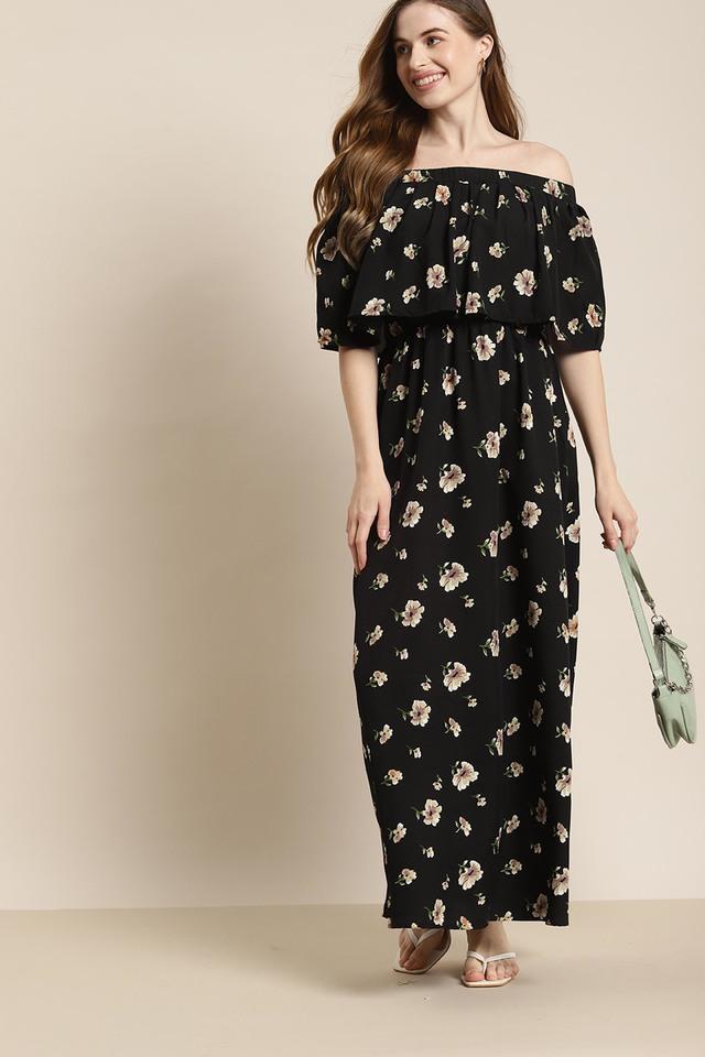 floral crepe off shoulder womens maxi dress