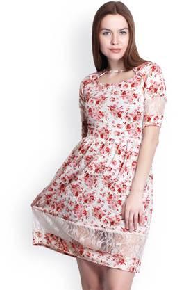 floral crepe round neck women's knee length dress - multi