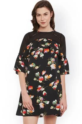 floral crepe round neck women's mini dress - black
