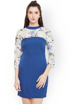 floral crepe round neck women's mini dress - blue