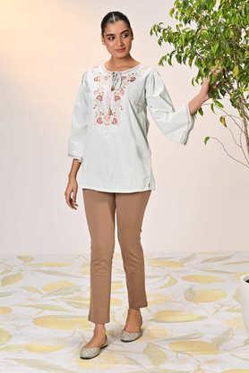 floral crepe round neck women's tunic - sky blue