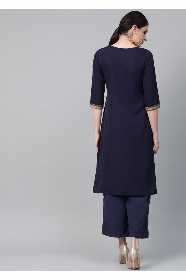 floral crepe round neck womens kurta - navy