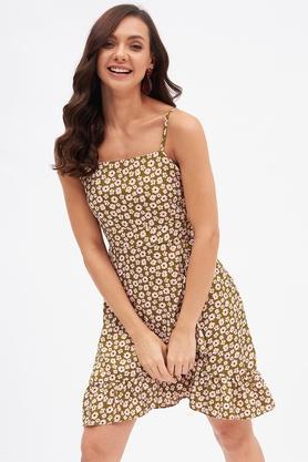 floral crepe square neck women's midi dress - olive