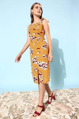 floral crepe square neck womens dress - mustard