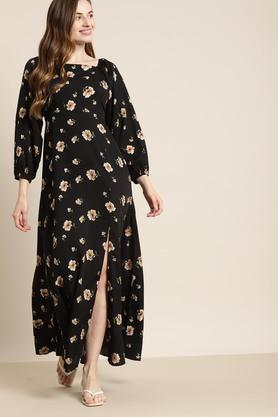 floral crepe square neck womens maxi dress - black