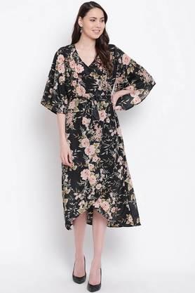 floral crepe v-neck women's knee length dress - black