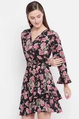 floral crepe v-neck women's knee length dress - black