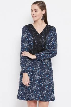 floral crepe v-neck women's knee length dress - navy