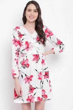 floral crepe v-neck women's knee length dress - white