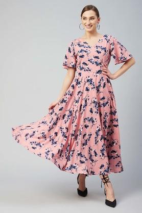 floral crepe v neck womens dress - peach