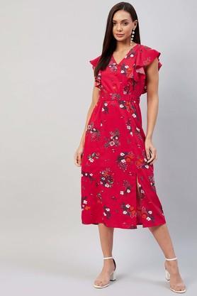 floral crepe v neck womens dress - red