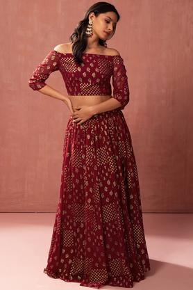 floral crop georgette woven women's lehenga choli set - red