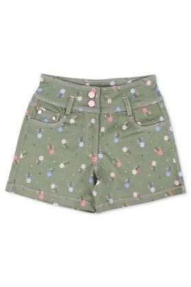 floral denim regular fit girls shorts - green