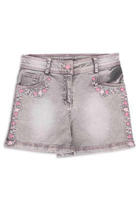 floral denim regular fit girls shorts - grey