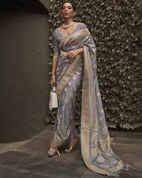 floral design banarasi silk zari border saree with tassels