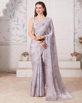 floral design stone work satin silk solid saree solid saree