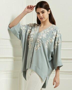 floral-embellished drop-shoulder high-low blouse