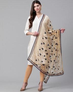 floral embellished dupatta with contrast border