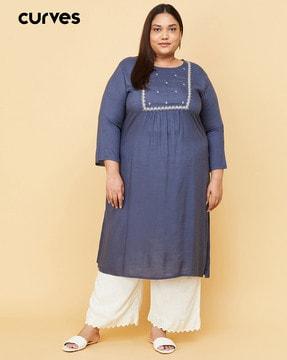 floral embellished round-neck a-line kurti