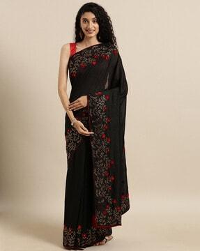 floral embellished saree with unstitched blouse piece