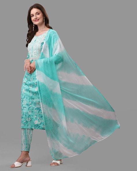 floral embellished straight kurta & pants set with dupatta