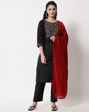 floral embellished straight kurta suit set