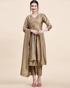 floral embroidered  a-line kurta  with trouser & dupatta set