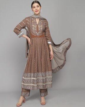 floral embroidered a-line kurta set with dupatta