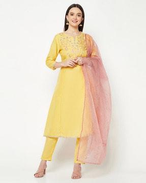 floral embroidered a-line kurta set with dupatta